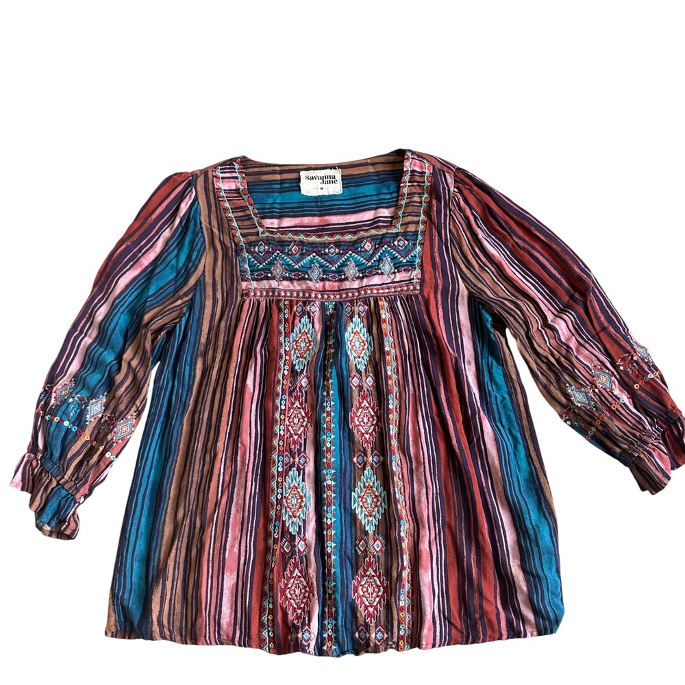 Savanna Jane Embroidered‎ Geometric Peasant Blouse Womens M Western Aztec Boho